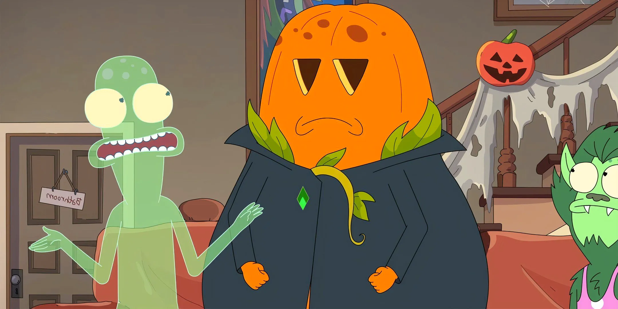 A ghostly Terry talking to pumpkin Korvo in The Solar Opposites Halloween Special Part 2 The Hunt for Brown October Image