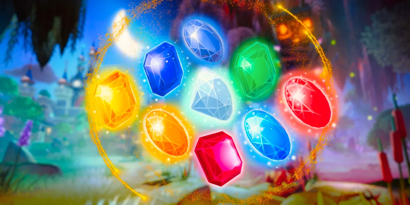 A gold ring surrounding nine shiny gems in Disney Dreamlight Valley. Image