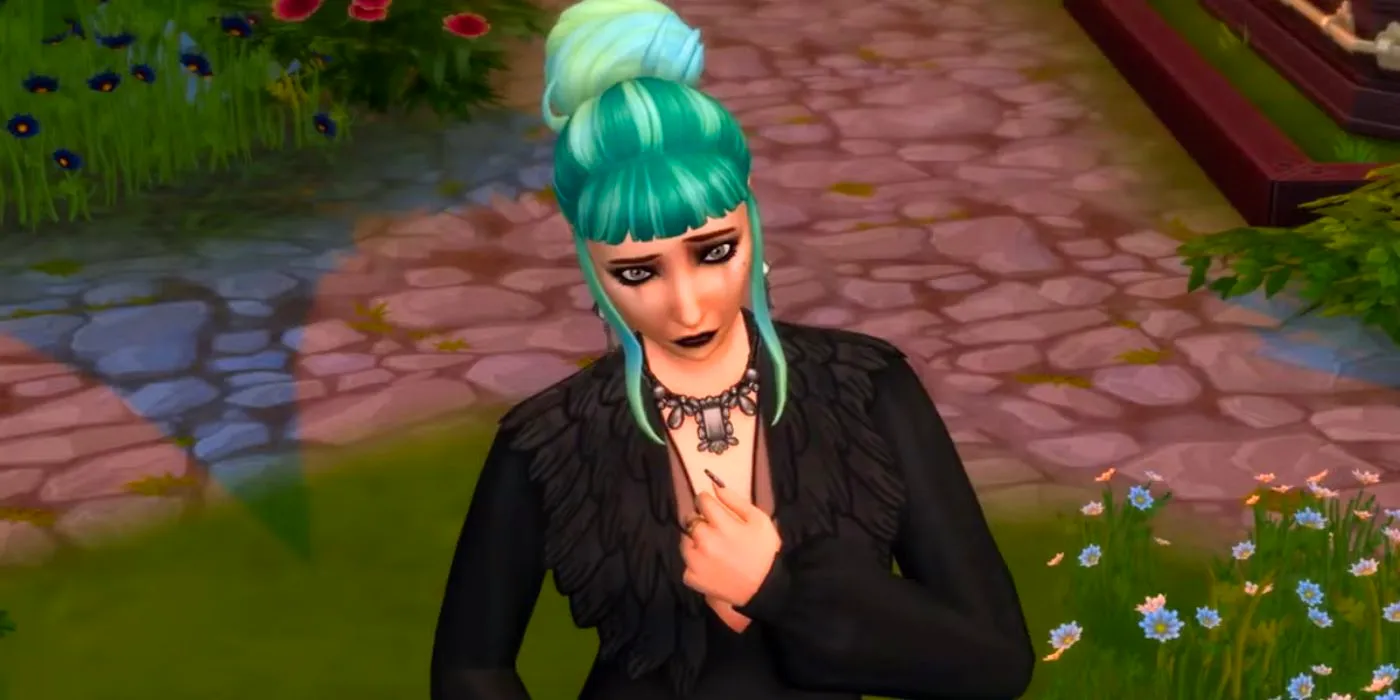 A goth Sims crying and clutching her chest in The Sims: Life and Death Image