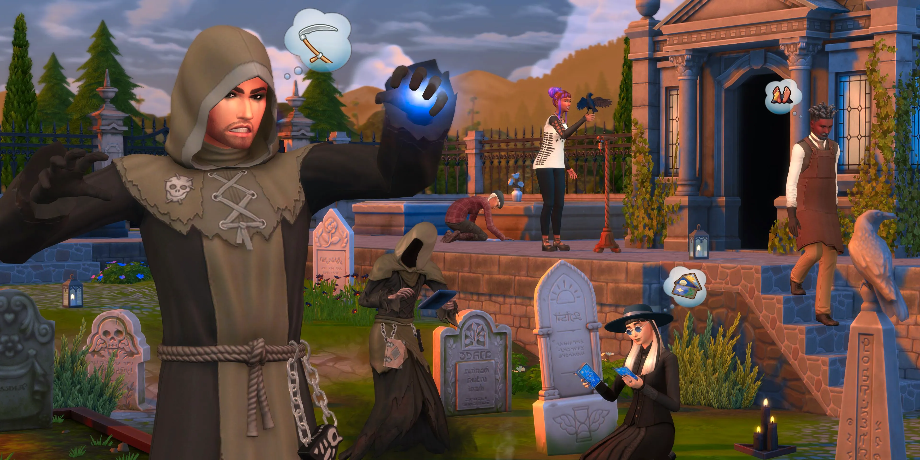 A graveyard filled with Sims and a Grim Reaper in The Sims 4: Life & Death. Image