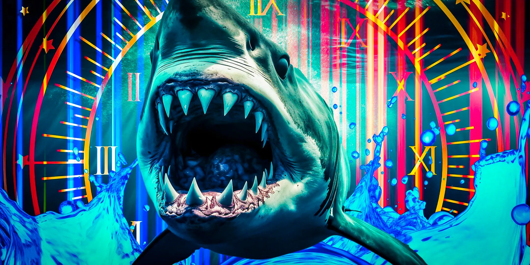 A great white shark with its mouth open in front of a picture of a clock face Image