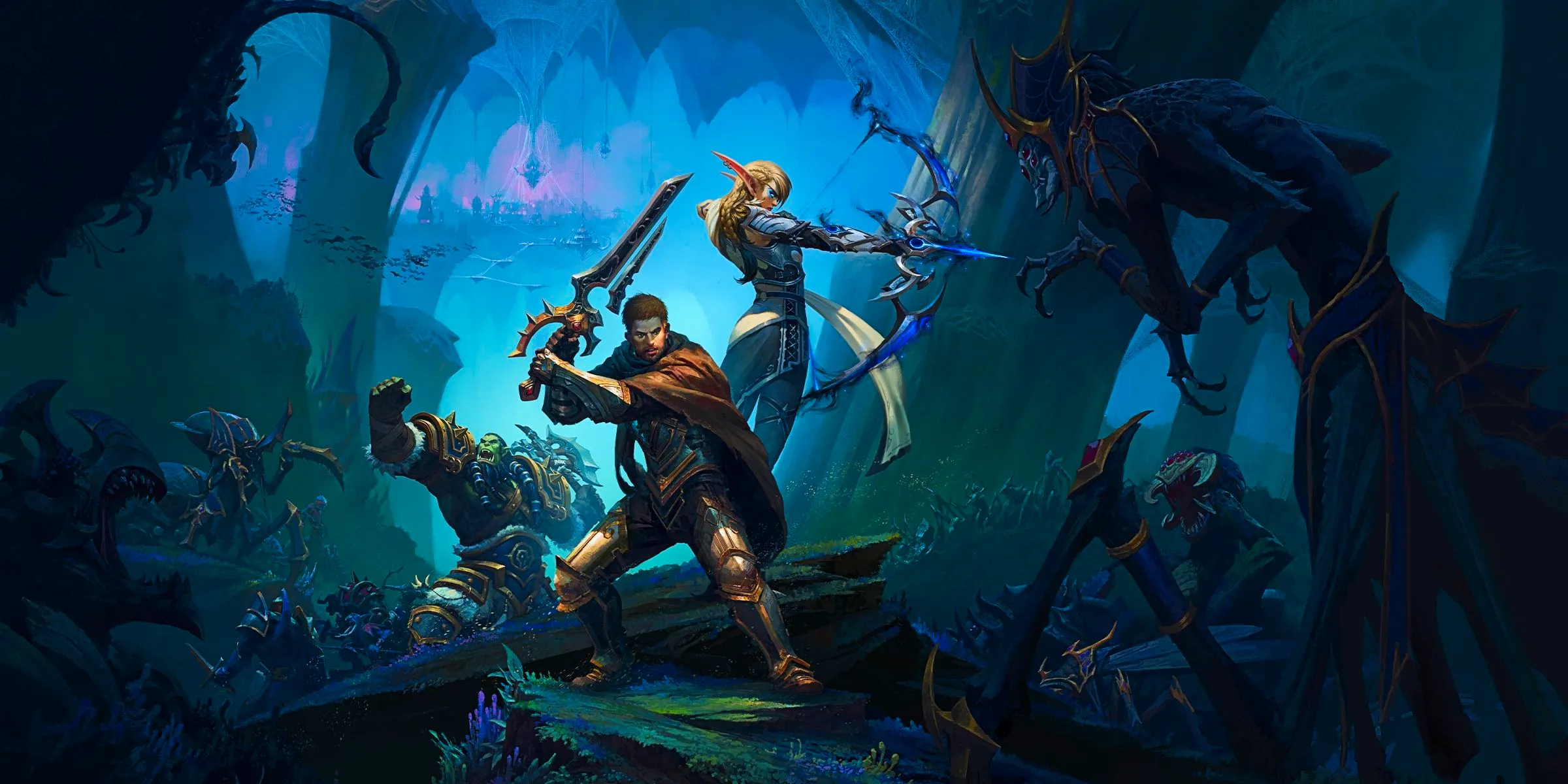 A group of characters fighting undead enemies in a dark forest in a screenshot from WoW The War Within. Image