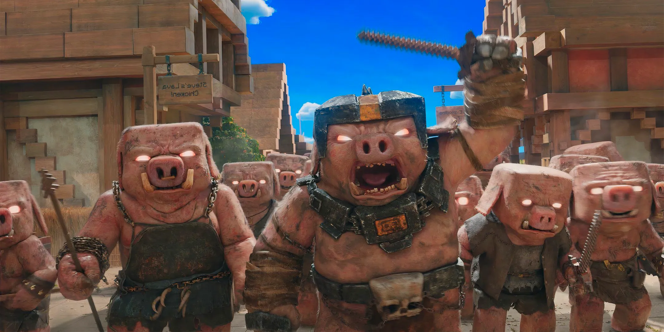 A group of pigs gearing up for battle in A Minecraft Movie Image