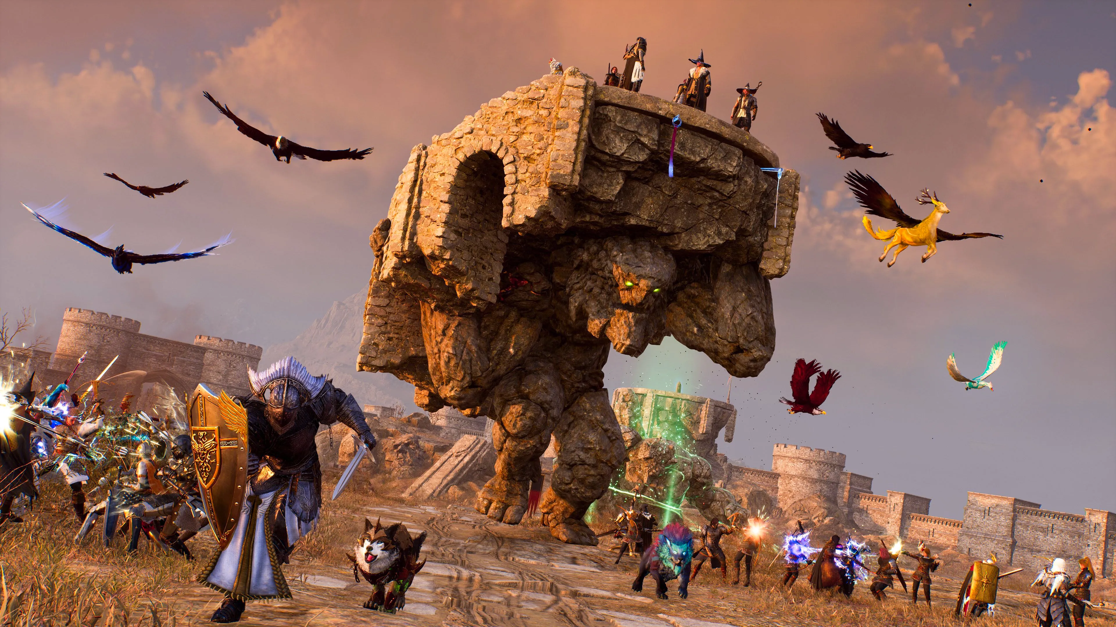 A group of player characters engaging in battle, flanked by a giant stone golem carrying a bridge in Throne and Liberty. Image