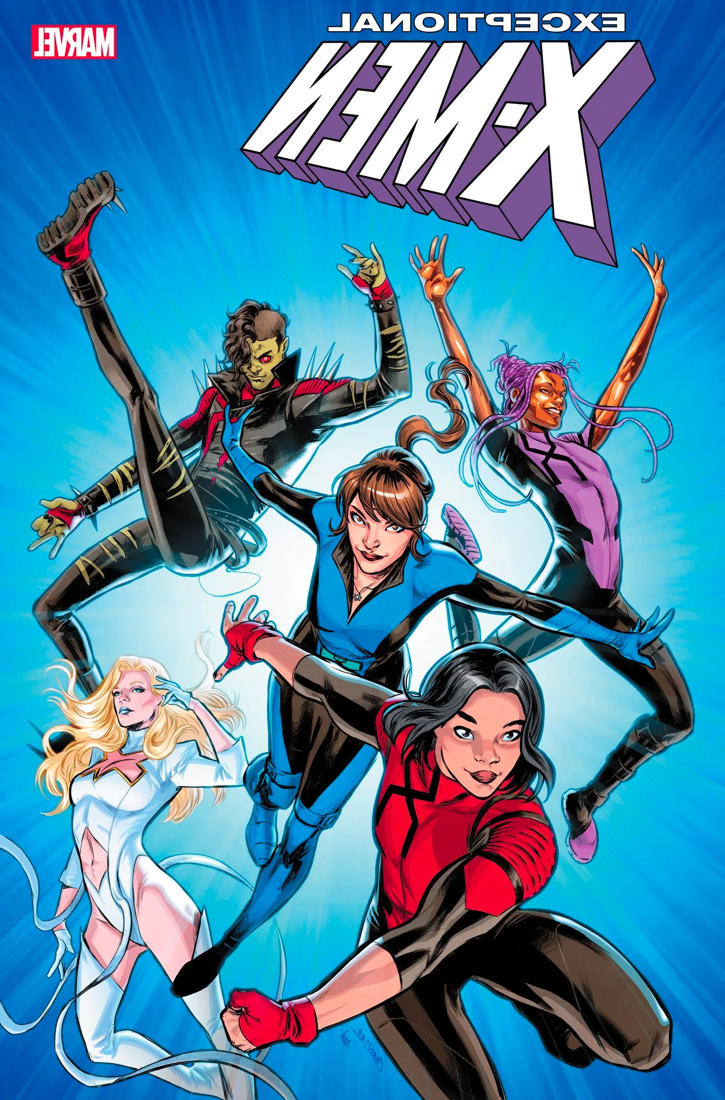 A group of X-Men leap towards the camera on blue background - Bronze, Axo, Emma Frost, Melee, and Kitty Pryde. Image