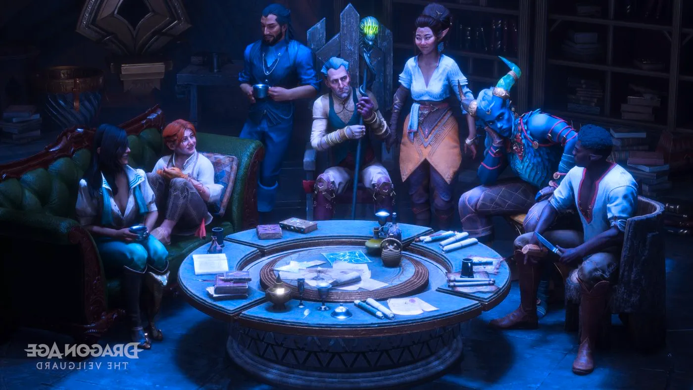 A Group Shot of All Companions Sitting At a Table in the Lighthouse in Dragon Age The Veilguard Image