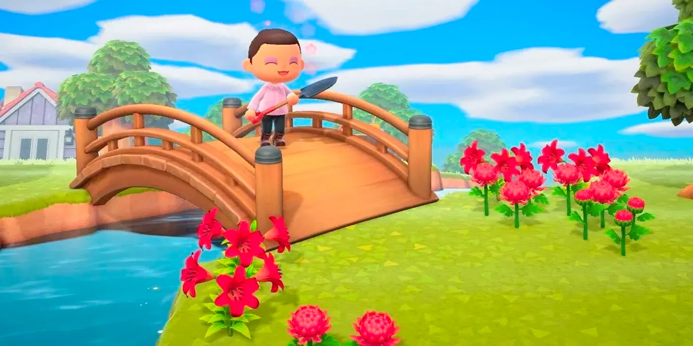 A happy villager after building a bridge in Animal Crossing: New Horizons. Image