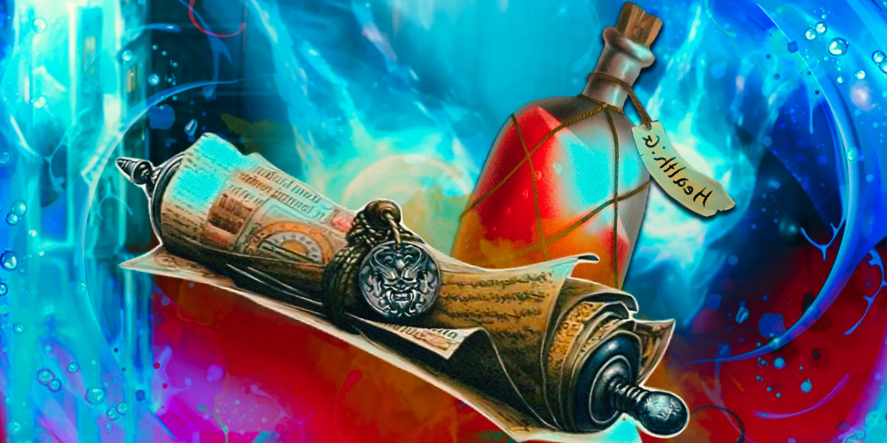 A health potion and a spell scroll from D&D. Image