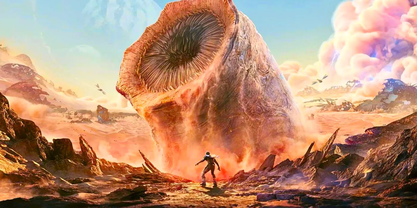 A human stands at the ready, watching a gigantic Sand Worm erupt from the ground in Dune: Awakening Image