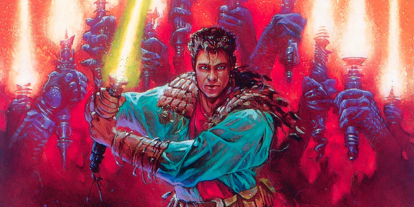 A Jedi from Star Wars: Tales of the Jedi wielding a green lightsaber, surrounded by other Jedi holding up their lightsabers. Image