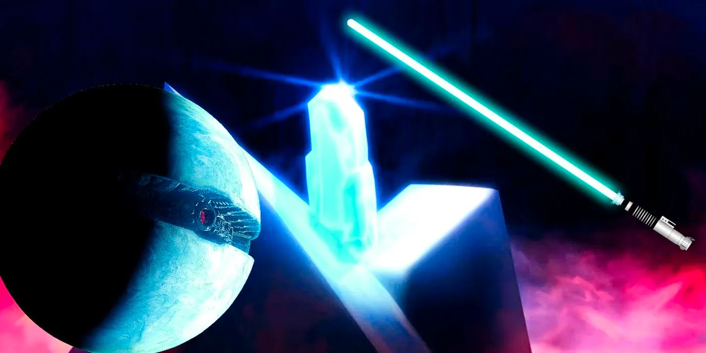 A kyber crystal with a lightsaber on the left and Starkiller Base on the right. Image