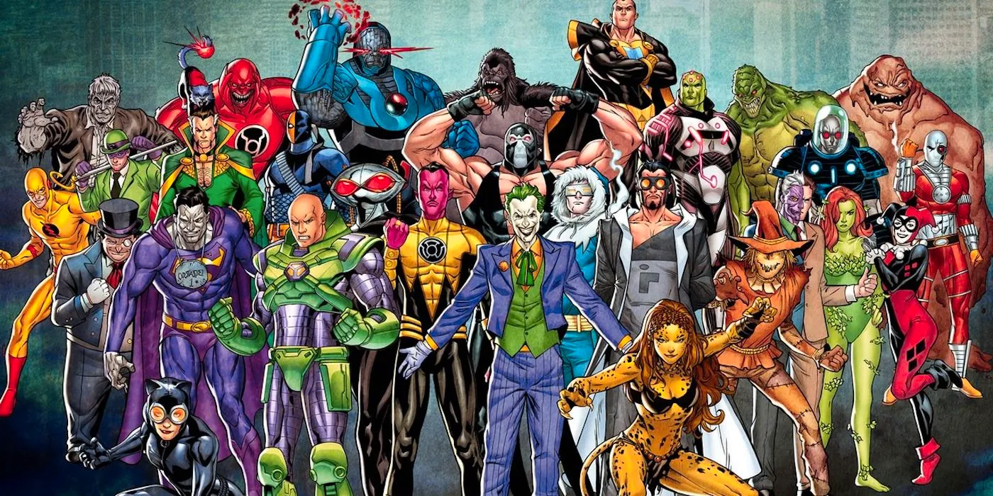 A large group of DC Comics villains Image