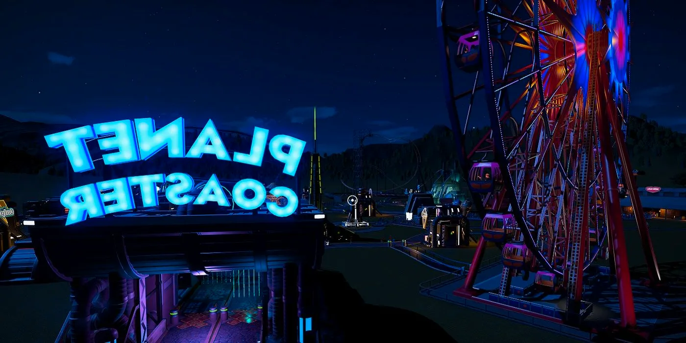 A look at an amusement park in Planet Coaster at night. Image