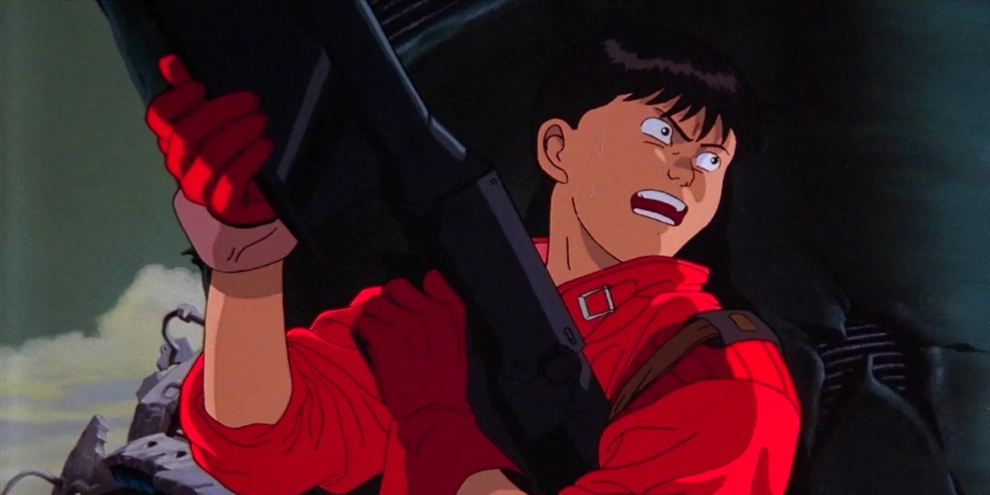 A man holding a gun and hiding in Akira 1988 Image