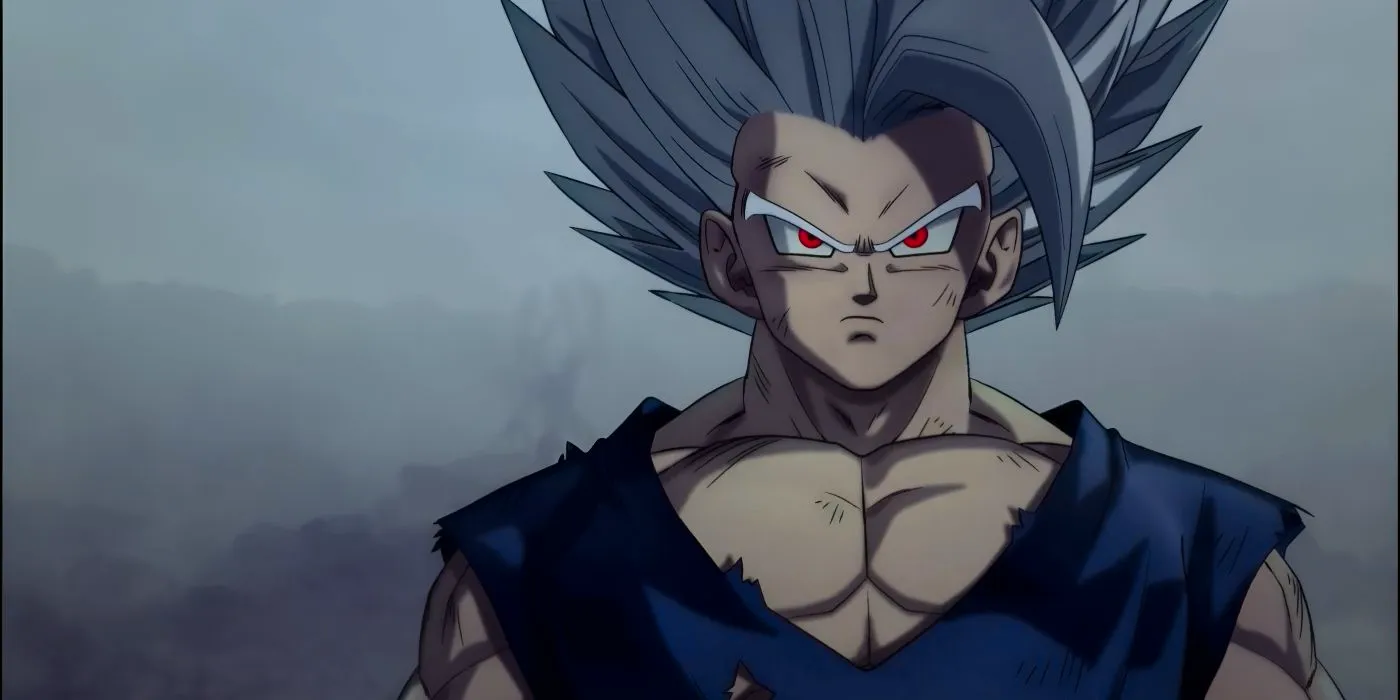 A muscular man with spiky silver hair and red eyes looks angry. Image