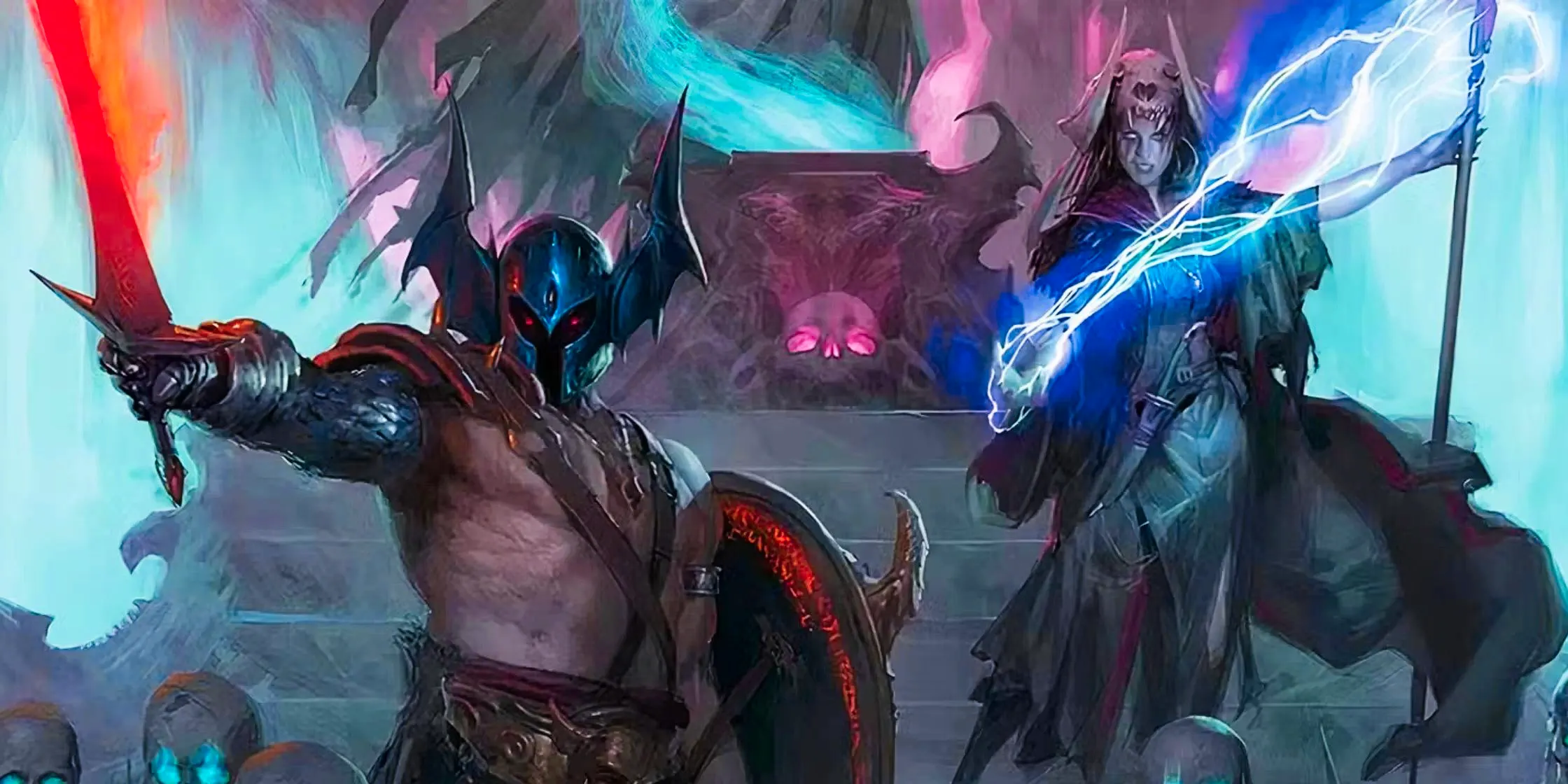 A necromancer casting a lightning bolt and a shirtless character holding up a flaming sword on the cover of DnD's new Dungeon Master's Guide. Image