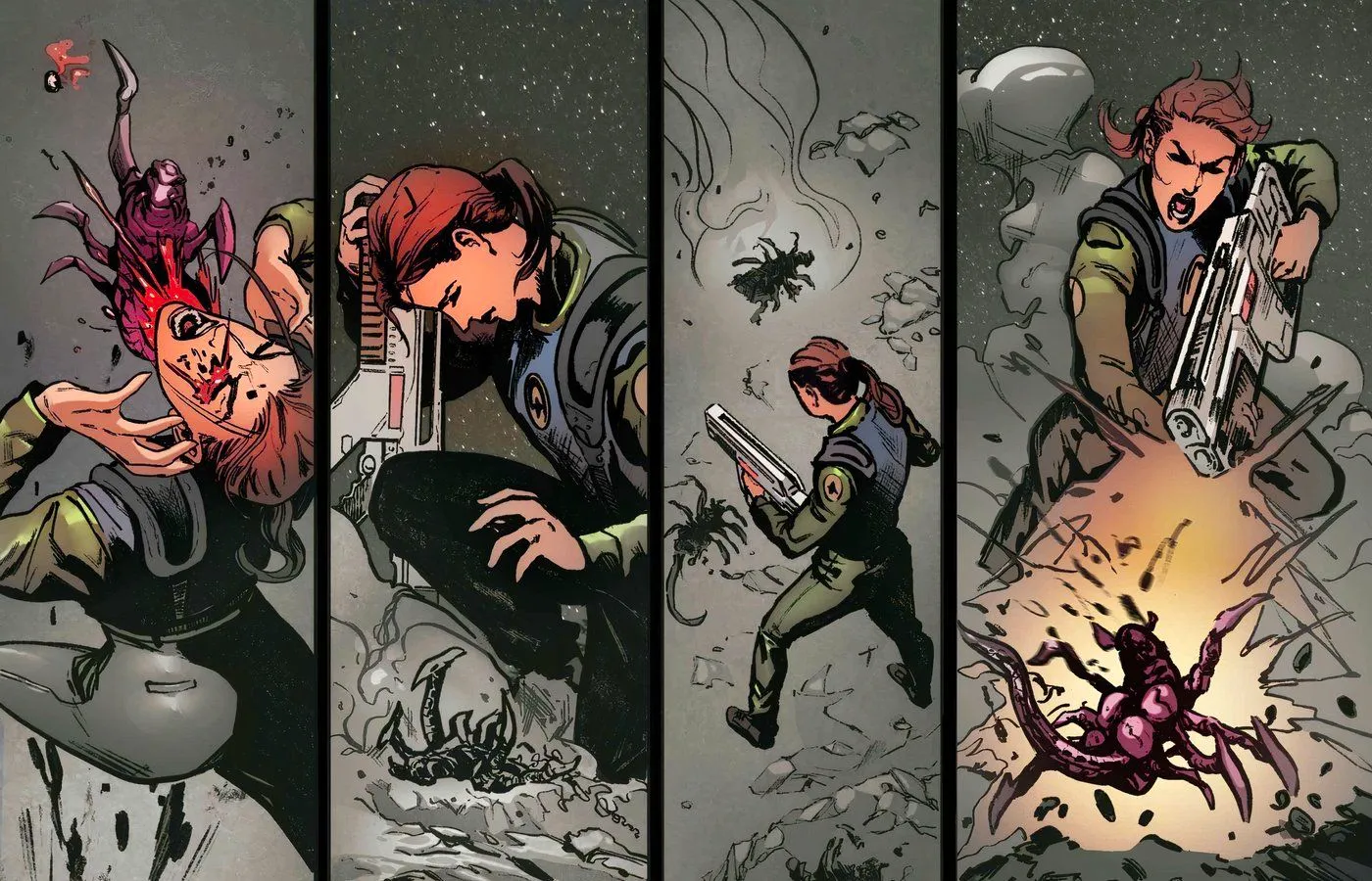 A new Alien character fighting a mysterious alien creature in Romulus prequel comic. Image