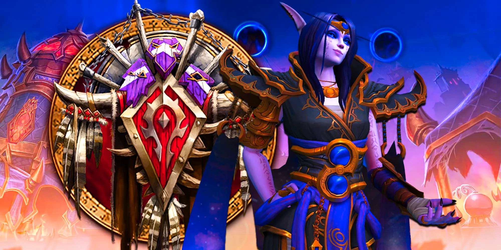 A Night Elf from World of Warcraft next to the Horde's logo. Image