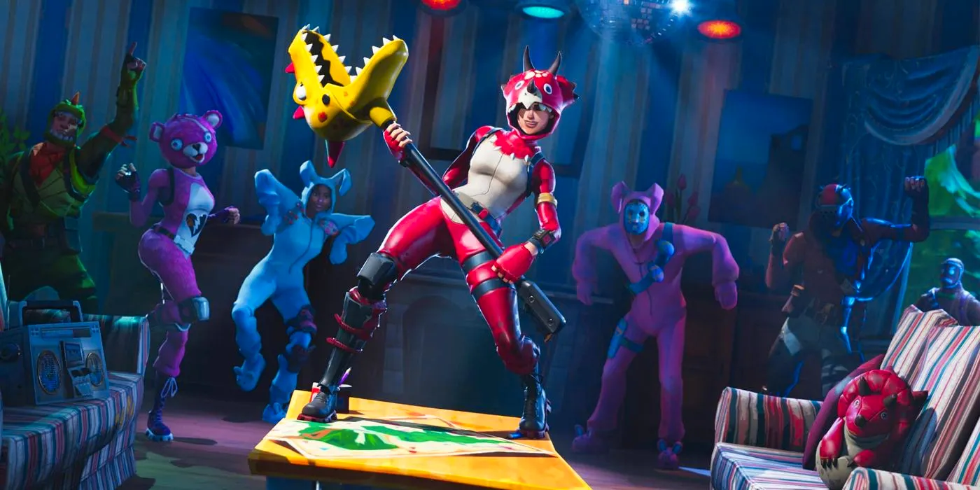 A number of Fortnite characters dancing in a room with couches. Image