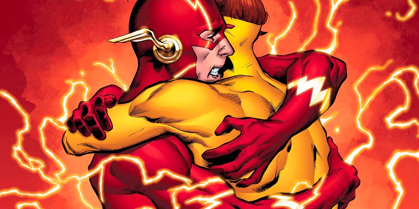 A panel from DC Universe: Rebirth where Barry Allen hugs Wally West. Image