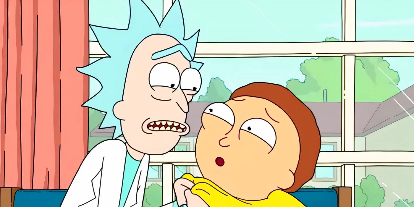 A panicked Rick grabs a concerned Morty at the dinner table in Rick and Morty Image