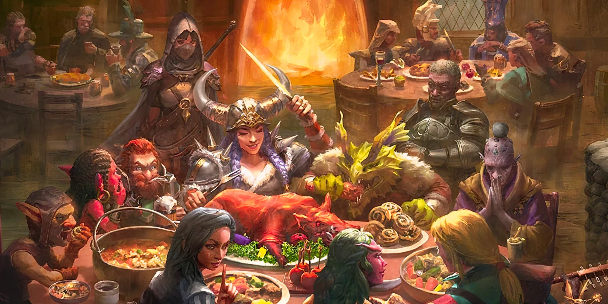 A party of various D&D species eating a large feast celebrating in a tavern. Image