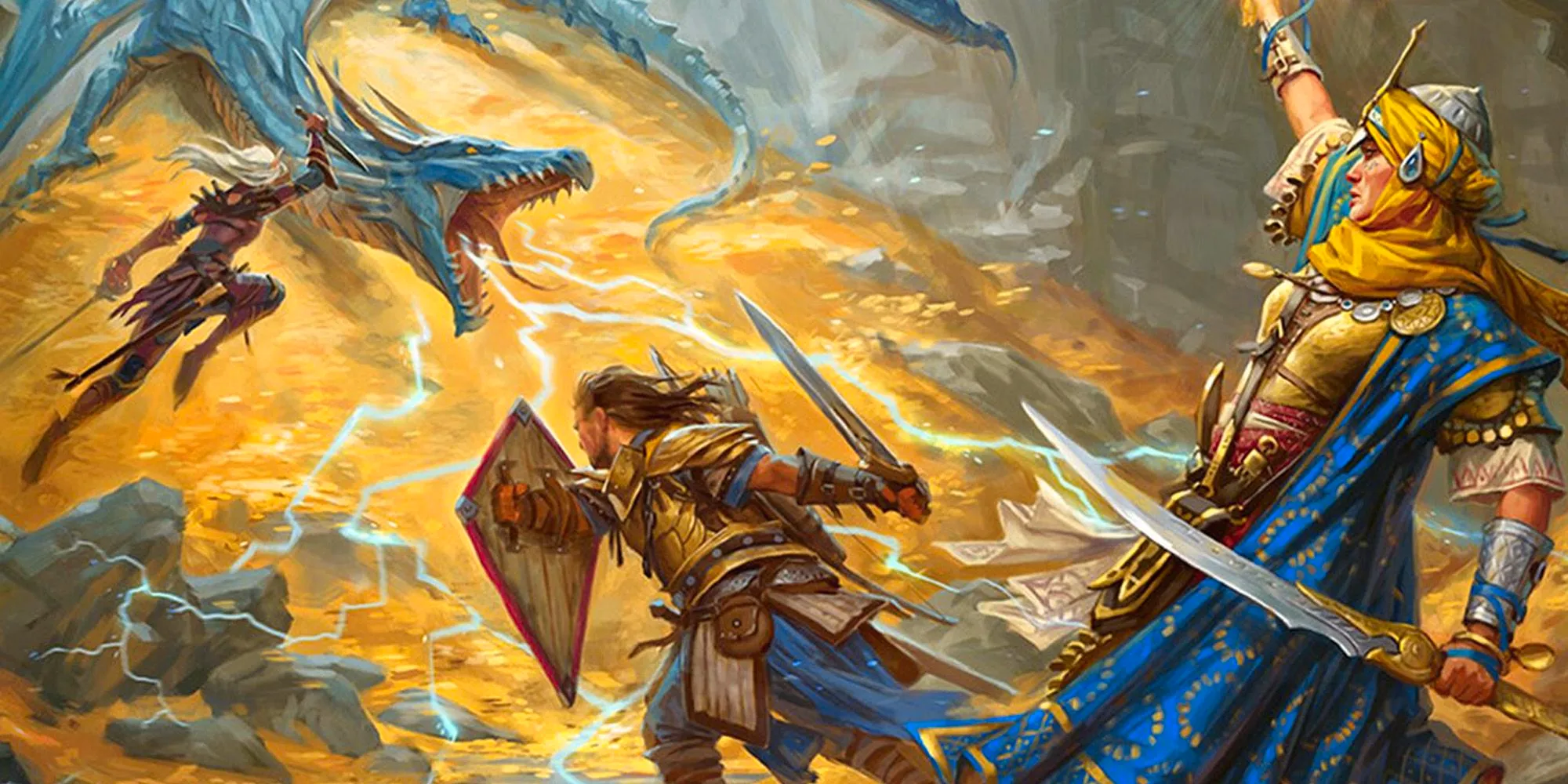 A Pathfinder party bedecked in blue and gold rushes at a blue dragon atop a hoard of gold. Image