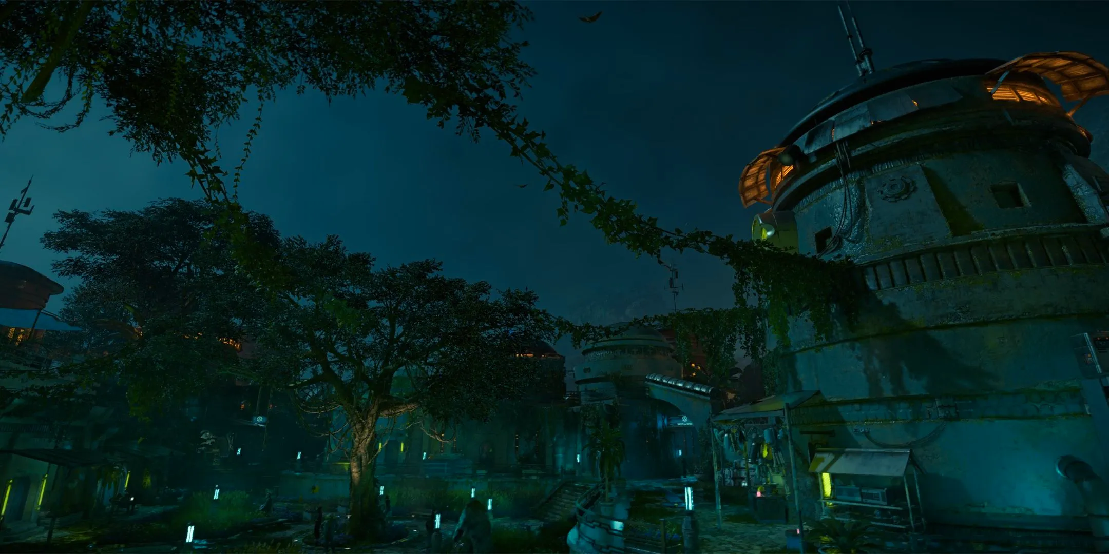 A Pike base area on the planet Akiva at night in Star Wars Outlaws. Image