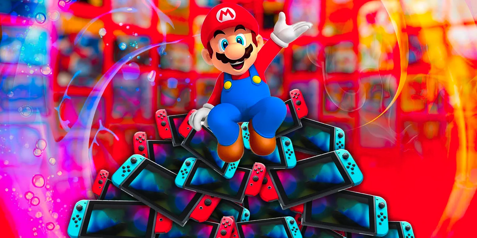 A pile of Nintendo Switches with Mario sitting at the top. Image