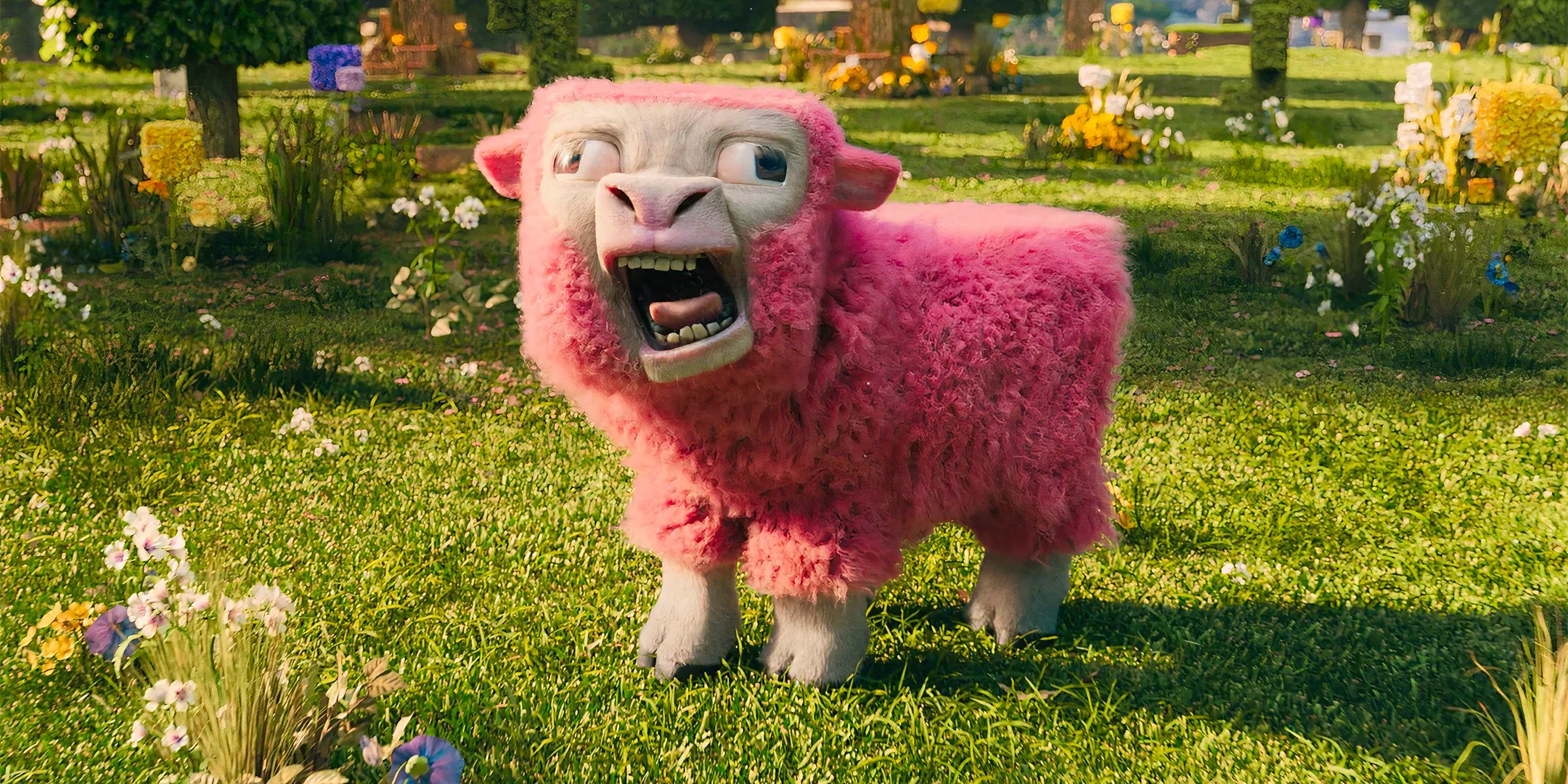 A pink sheep baaing in A Minecraft Movie Image