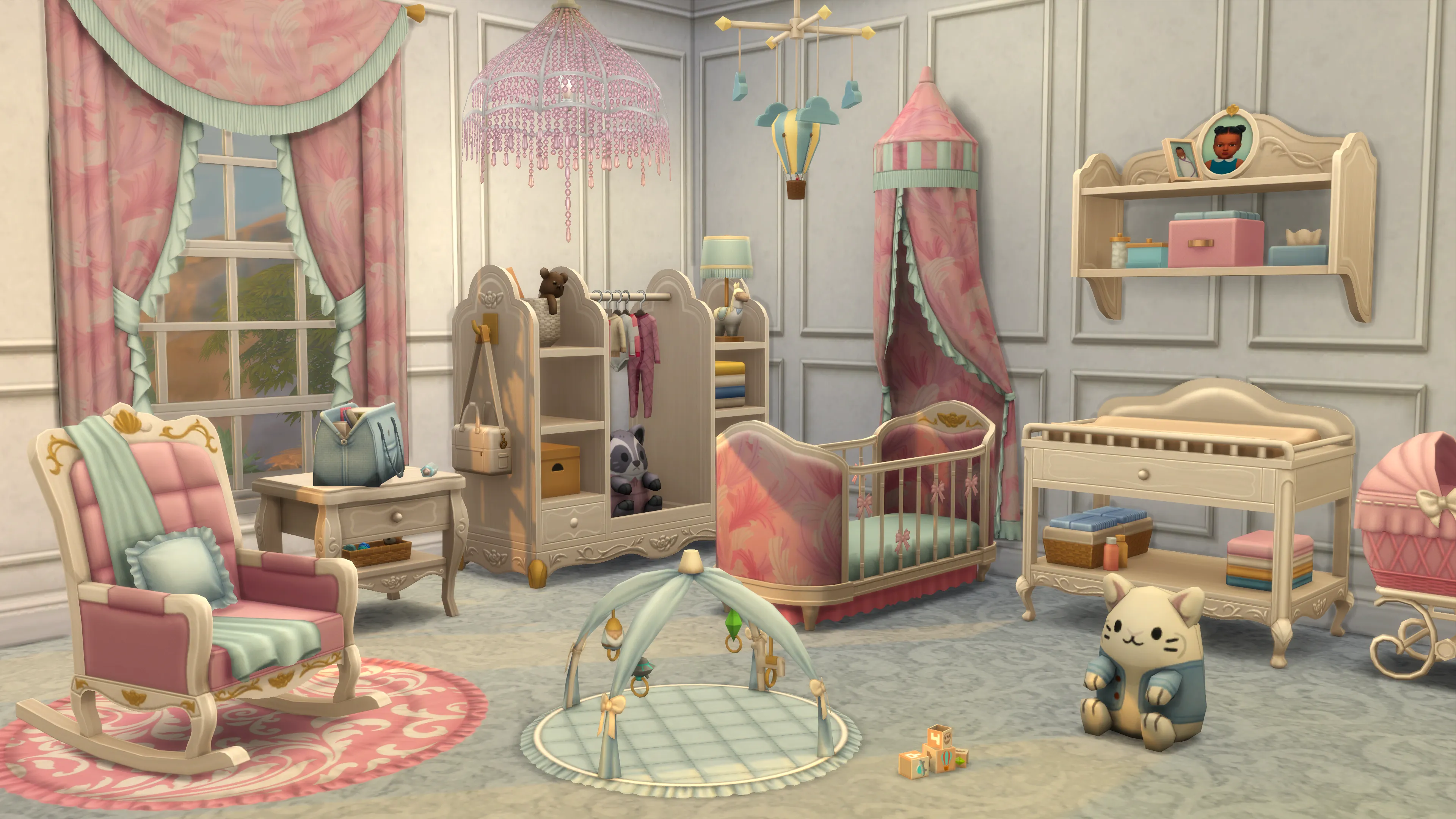 A pink, white, and baby blue nursery in The Sims 4. Image