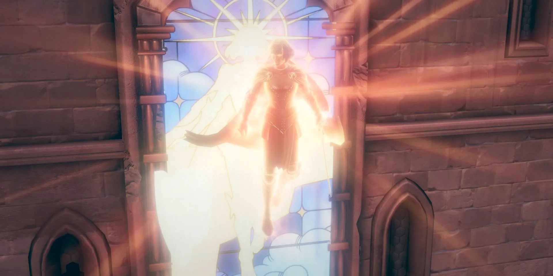 A player character, bathed in golden light, floats in front of a stained-glass window in a screenshot from Pathfinder: Wrath of the Righteous. Image