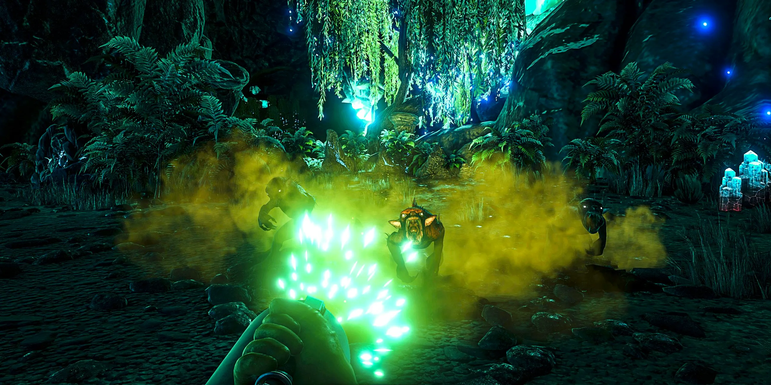 A player fires a green-glowing gun at a horde of creatures in a screenshot from ASE Aberration. Image