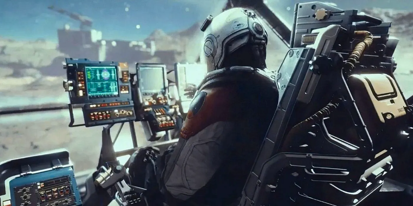 A player in Starfield sitting in the cockpit of their ship, getting ready to takeoff into space.  Image