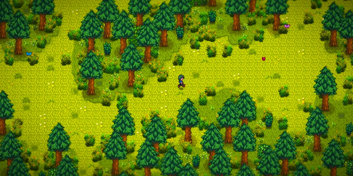 A player running through a forest in Stardew Valley Image