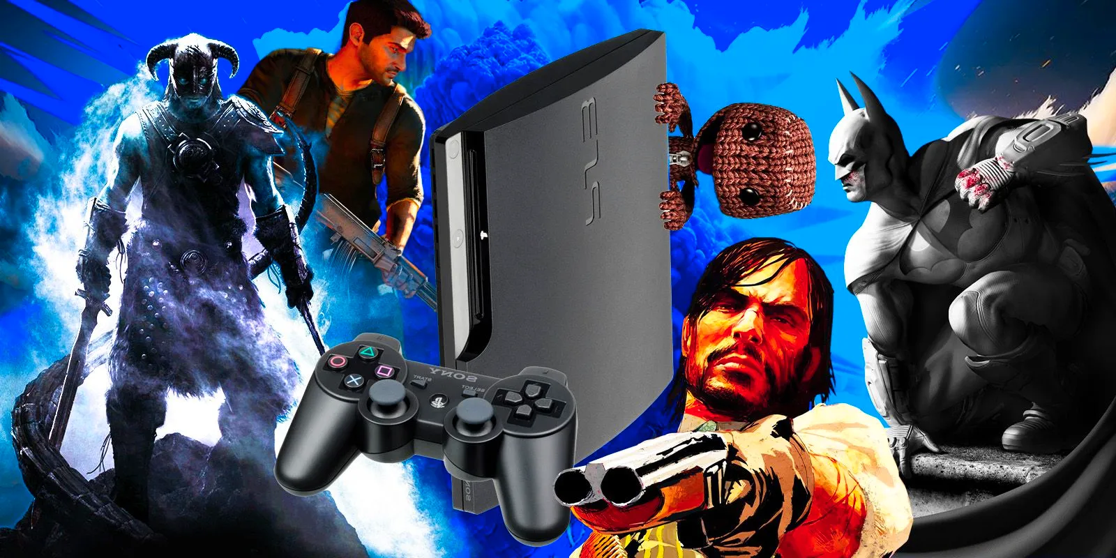 A PlayStation 3 console and controller surrounded by character's from the system's games. Image