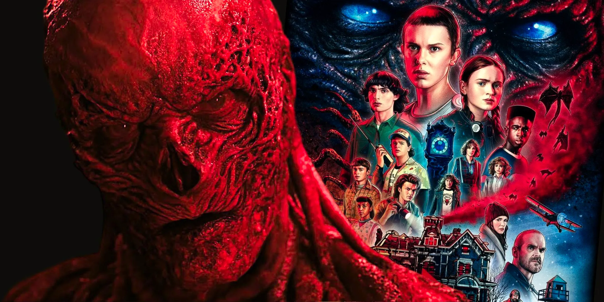 A poster for Stranger Things 4 behind a close-up of Vecna Image