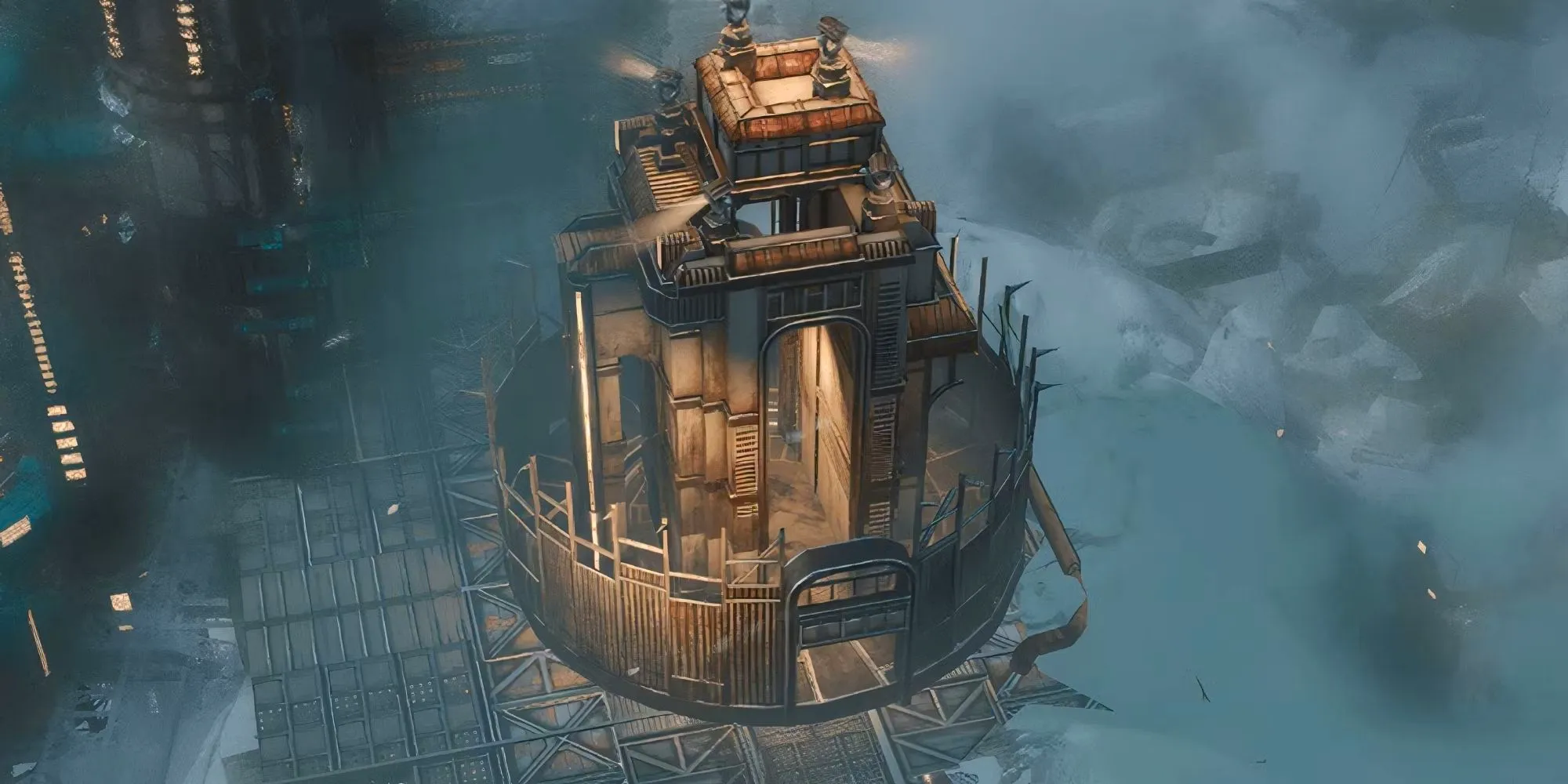 A prison from Frostpunk 2 on the edge of a platform Image