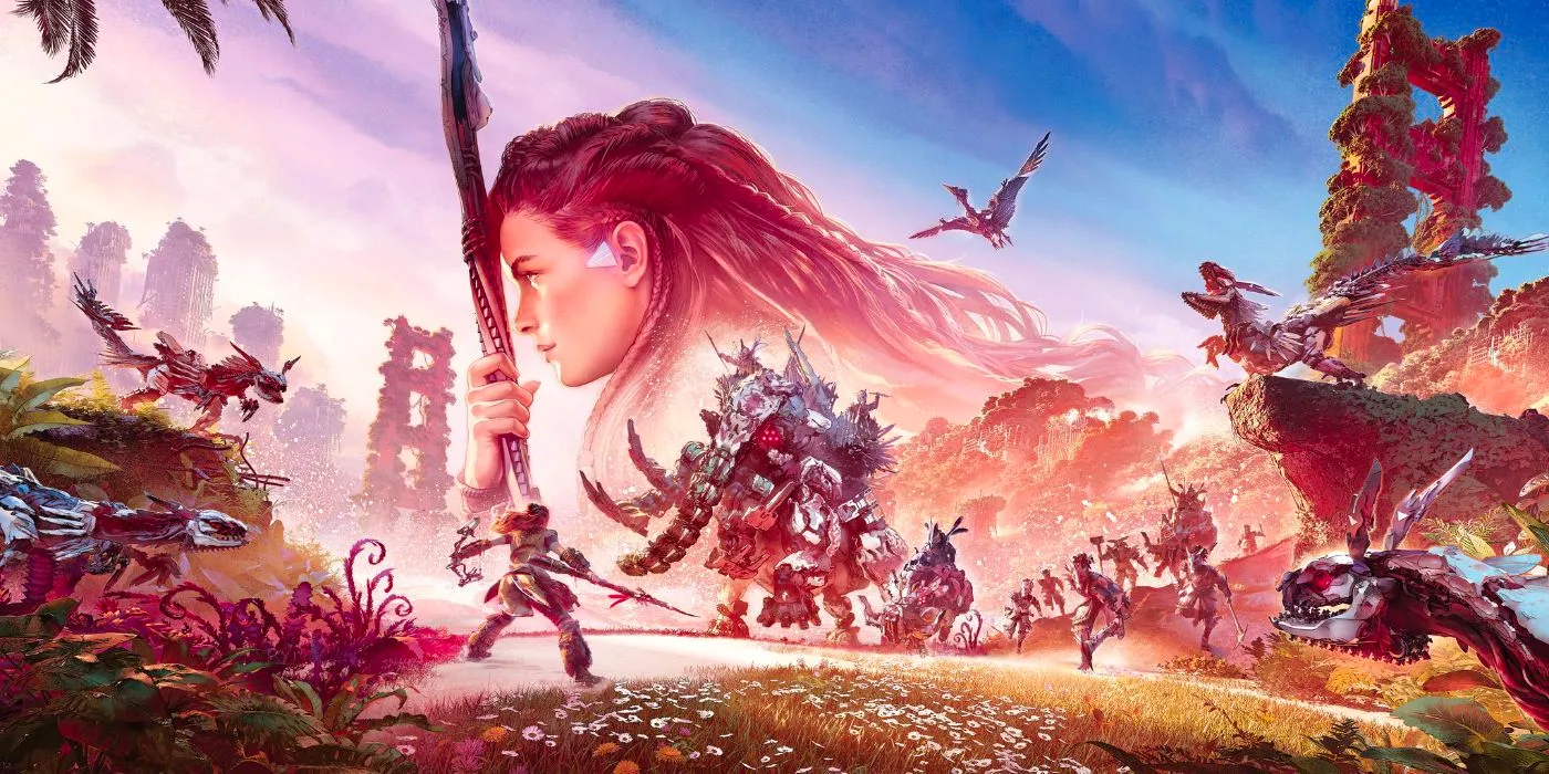 A profile shot of Aloy and the robot dinosaurs she's encountered in the Horizons series Image