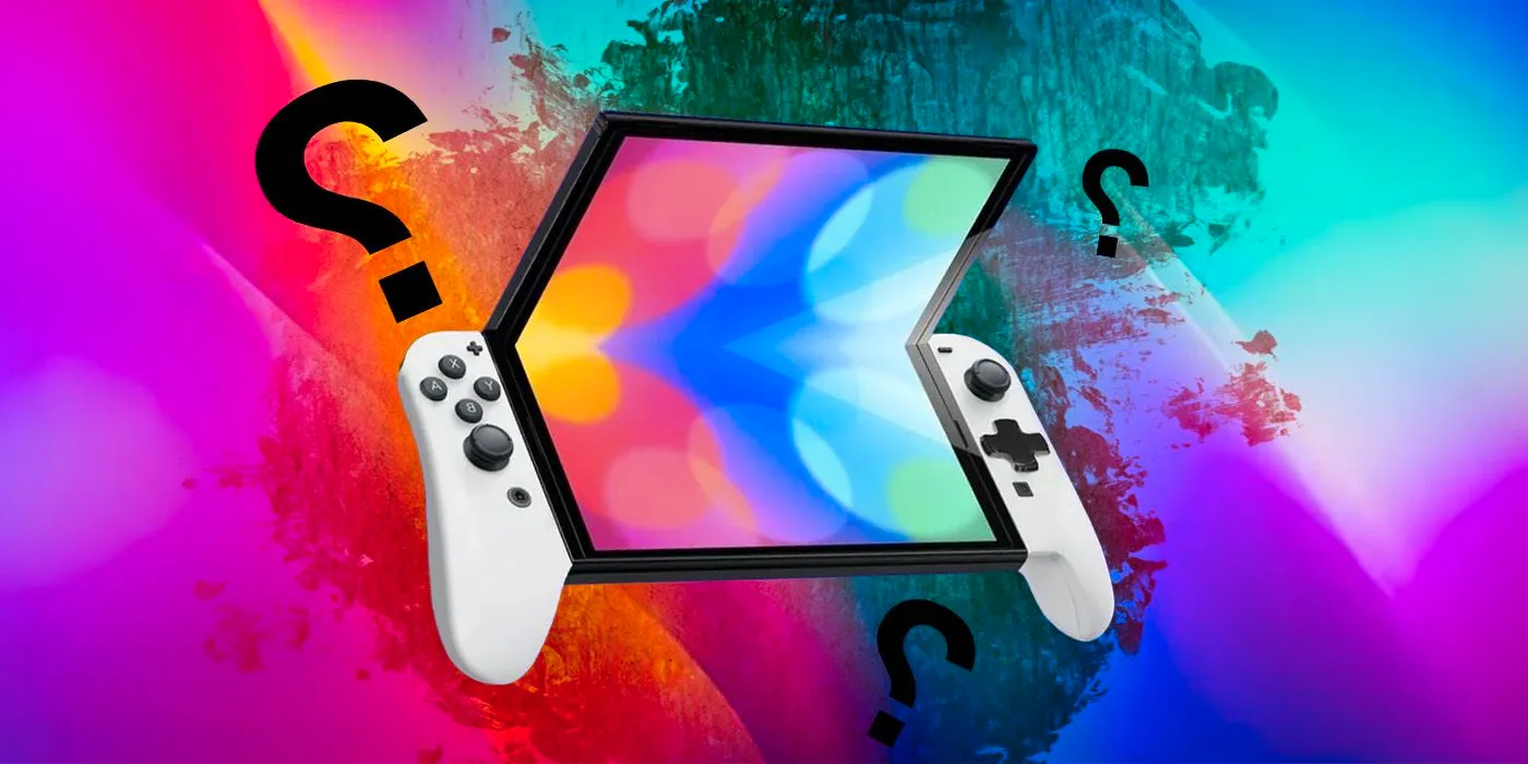 A prospective Nintendo Switch 2 console with a folding screen, surrounded by question marks. Image