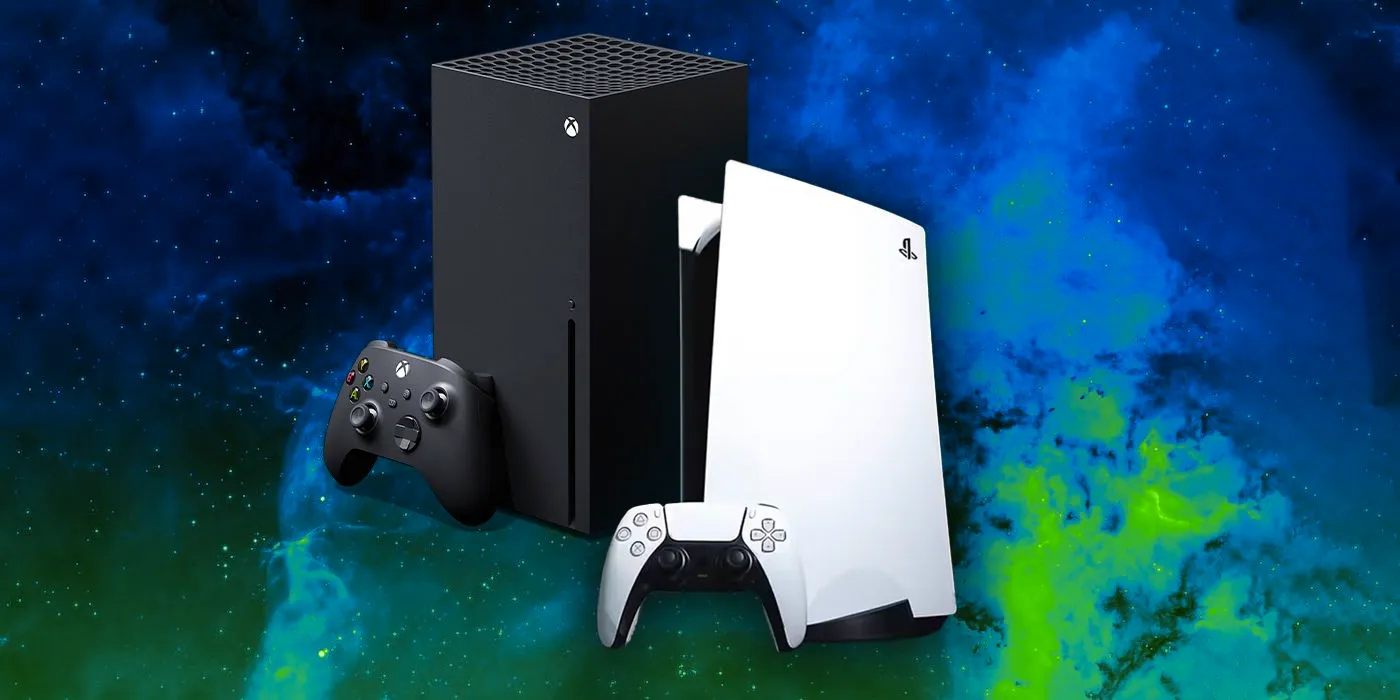 A PS5 console beside an Xbox Series X with a blue and green background. Image