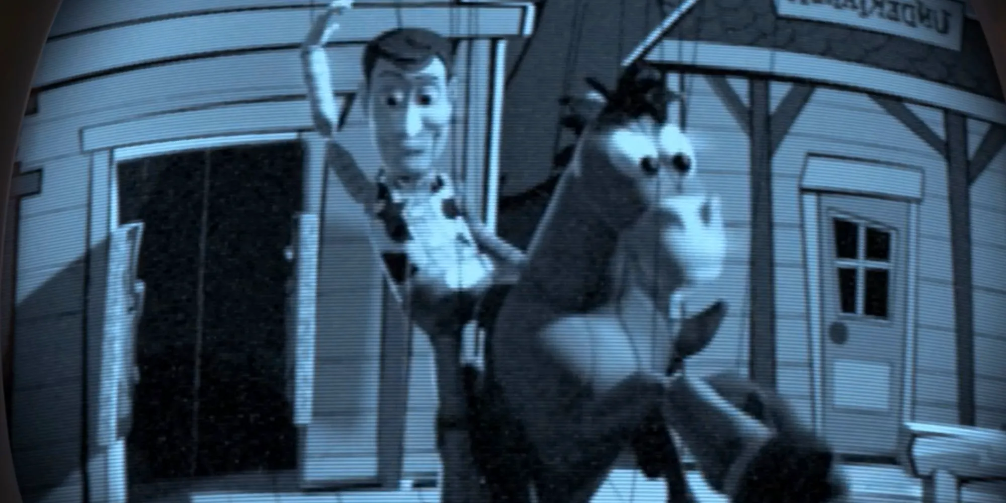 A puppet of Woody riding Bullseye Ukulele in Toy Story 2 Image