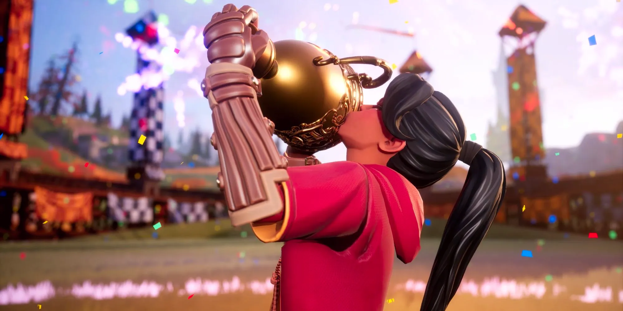 A Quidditch player holding a trophy above their head and kissing it in Harry Potter: Quidditch Chamions. Image