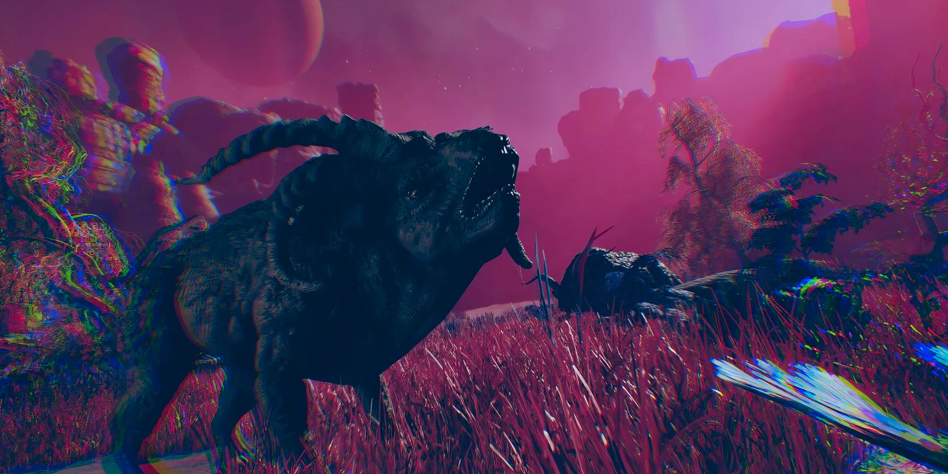 A ram-like creature roars in a field in a screenshot from Starfield's Shattered Space DLC. Image