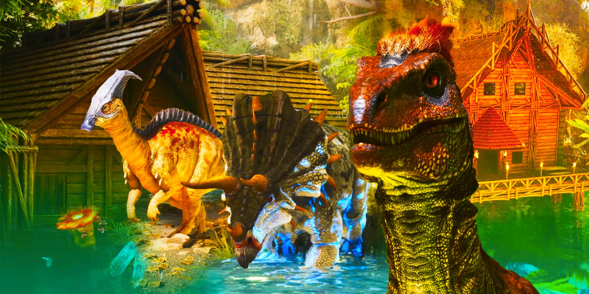 A raptor, triceratops, and dinosaur set in front of a log cabin.  Image