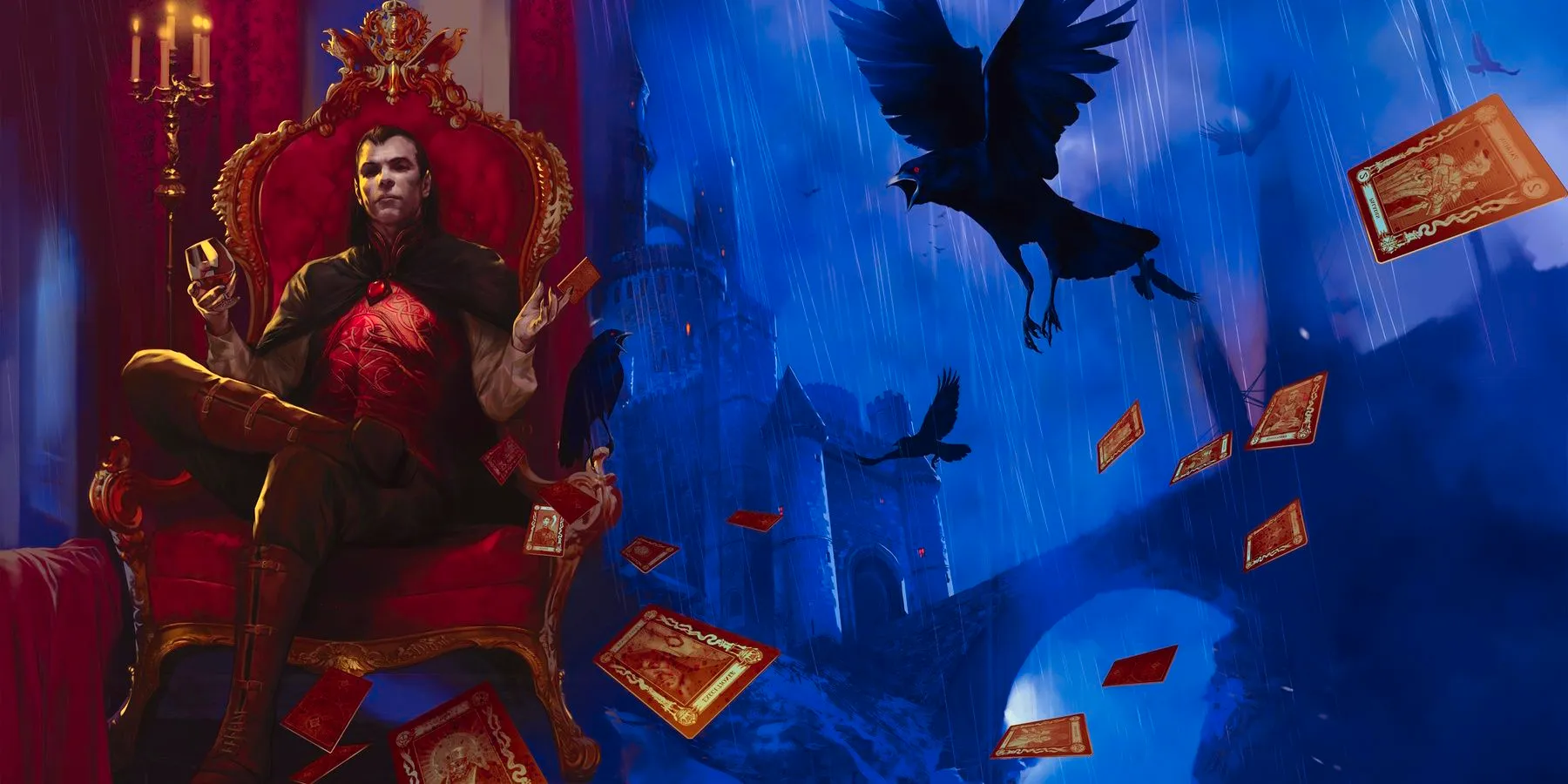 A raven flies over a desk of cards spilling out into the rain soaked night as Count Strahd sits casually on an ornate chair. Image