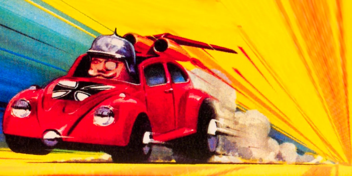 A red beetle-typ car leaves a dust trail against a yellow backdrop in art for Matchbox Cars Image