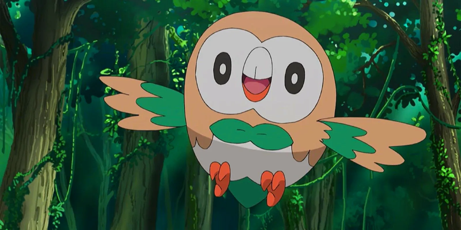 A Rowlet flying in a forest in the Pokémon anime. Image