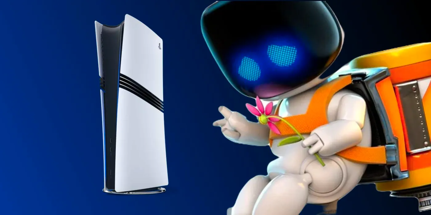 A sad Astro Bot picks a flower next to a PS5 Pro. Image