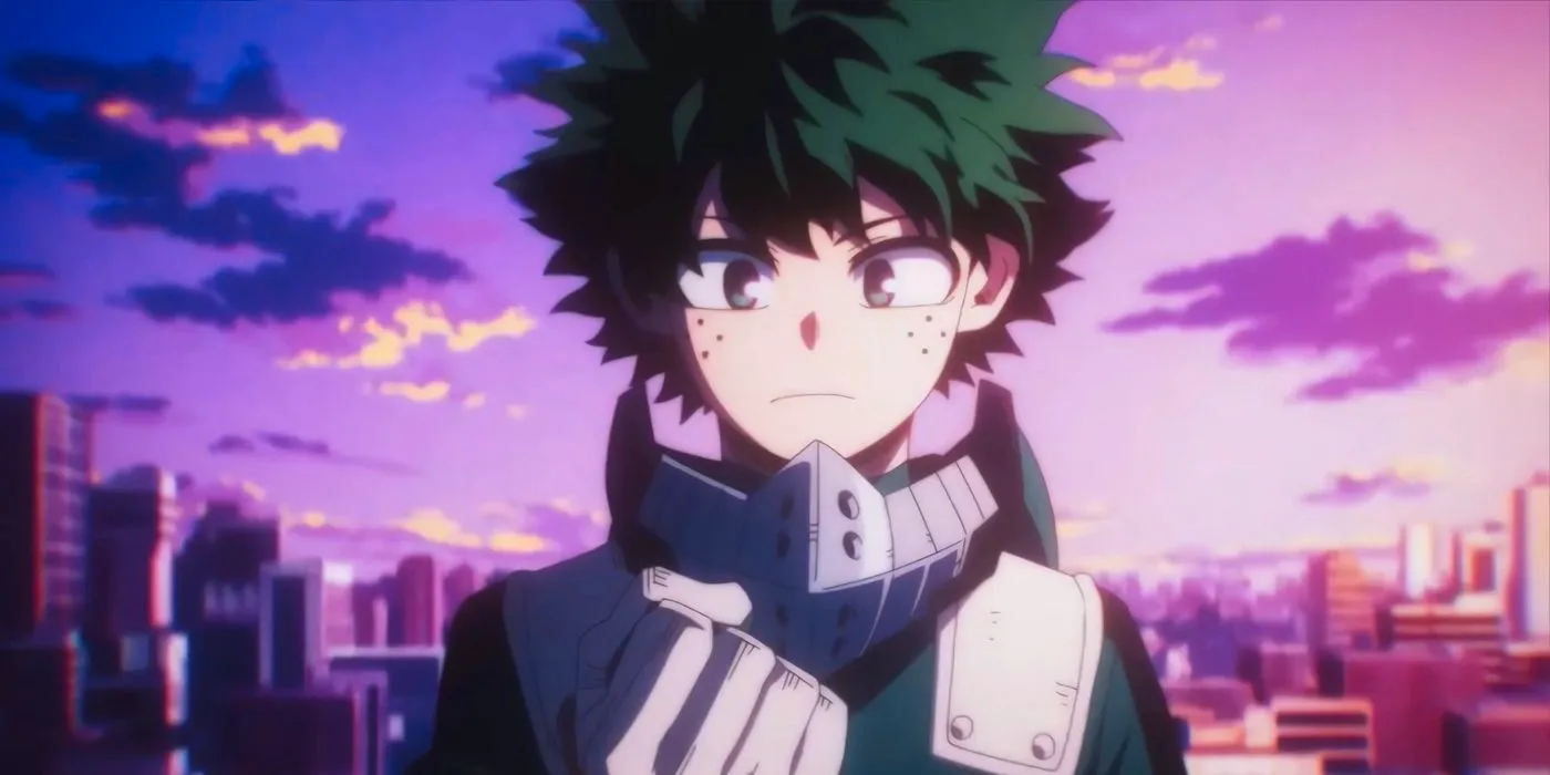 A sad-looking Deku gazes down at his hand in front of a cityscape. Image